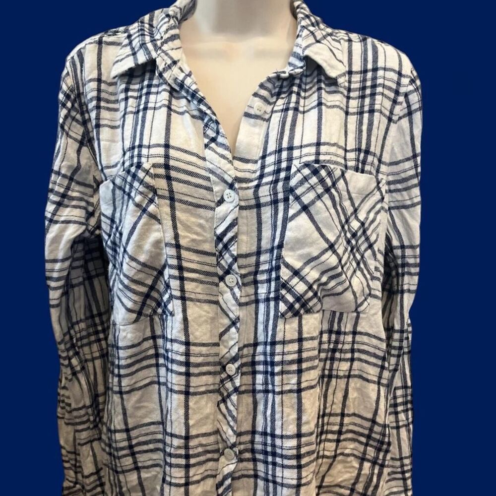 Cotton Navy & White BButton-up Plaid Women's Flannel